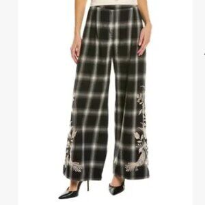 Johnny Was Martina Wide Leg Pants Embroidered Gray Black Plaid Size S